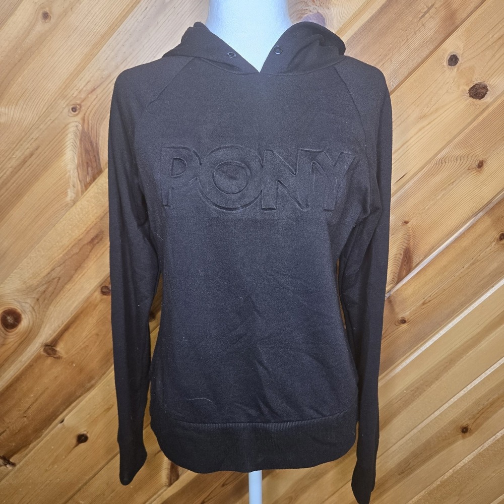 PONY Brand Hoodie‎ Embossed 3D Logo Womems Small Black Long Sleeve SOFT